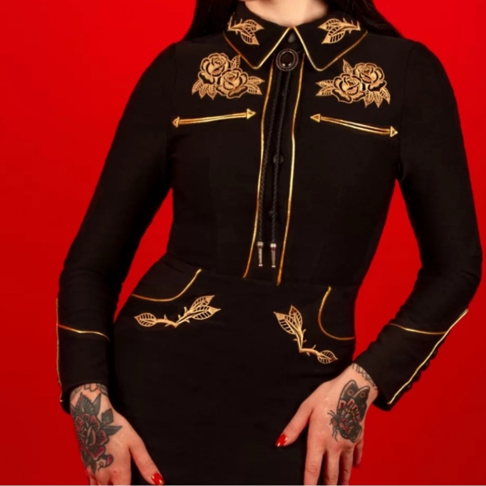 Western Style Black Dress with Gold Embroidery